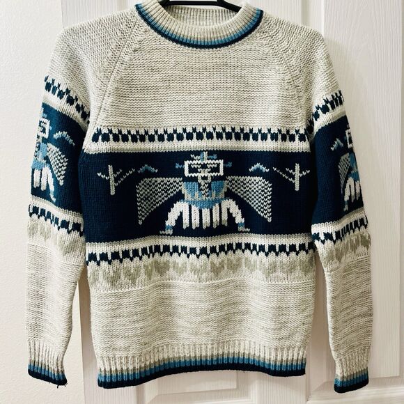 Vtg Gottschalks Men’s Large Cream Blue Sweater Thunderbird Ski Aztec Southwest - Picture 1 of 9